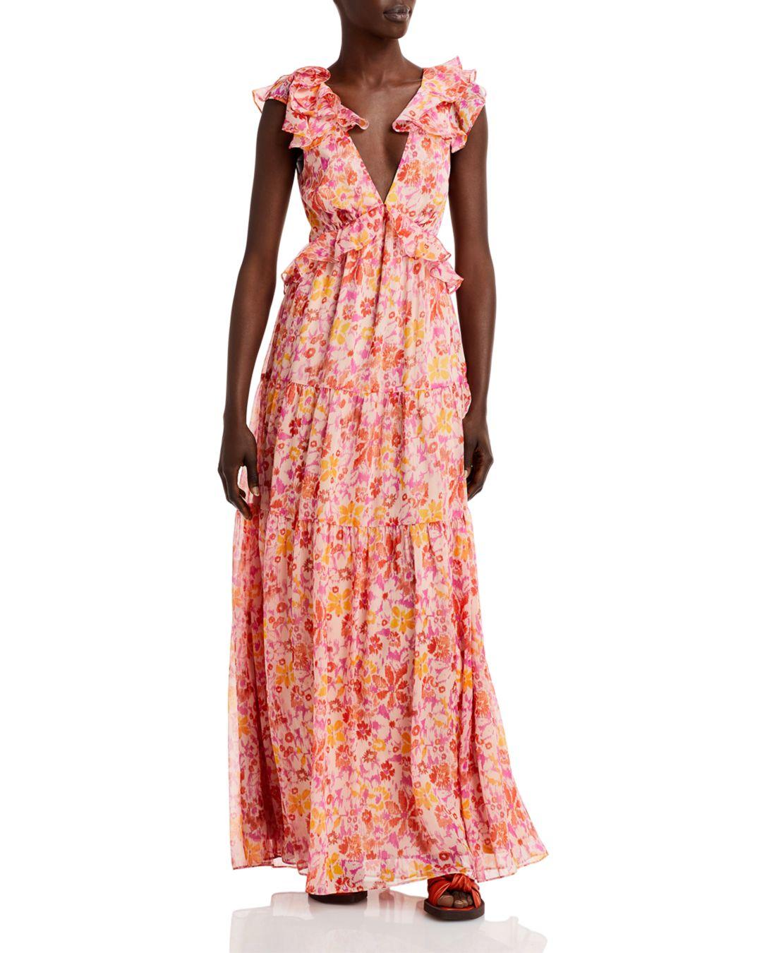 Aqua Floral Print Maxi Dress in Pink | Lyst
