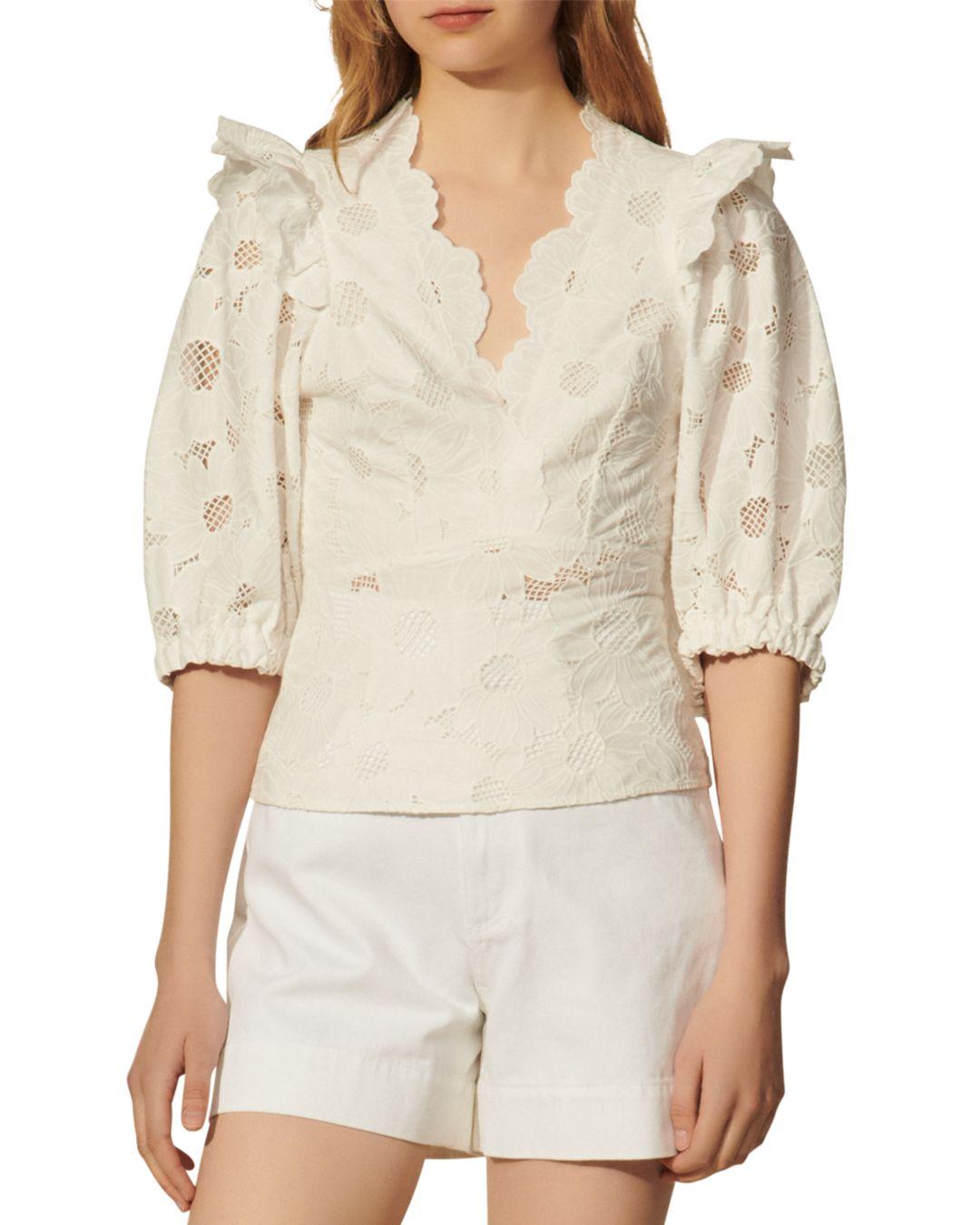 Sandro Azalee Lace Embroidered Top in 