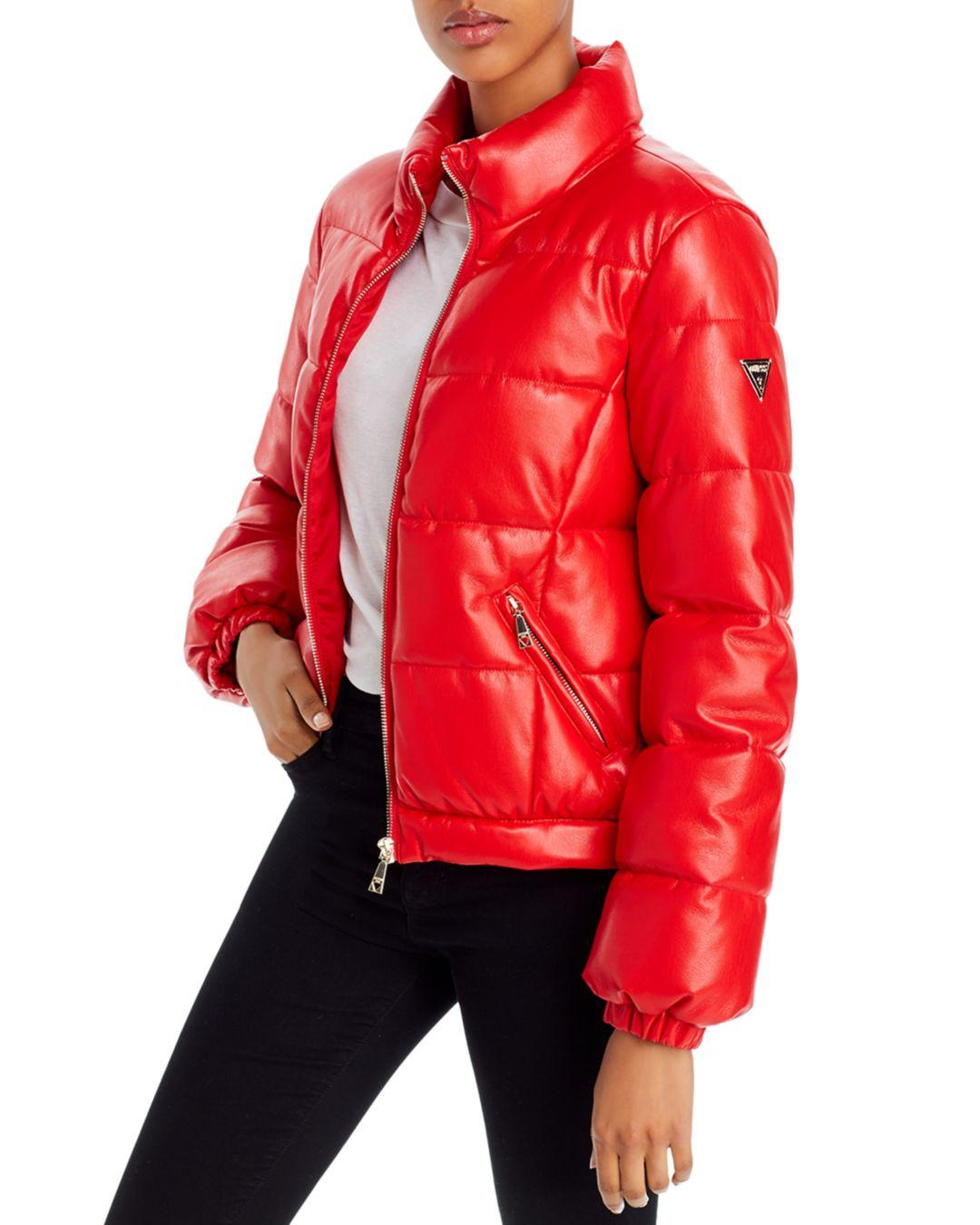 Guess Valetta Faux Leather Puffer Jacket in Red - Lyst