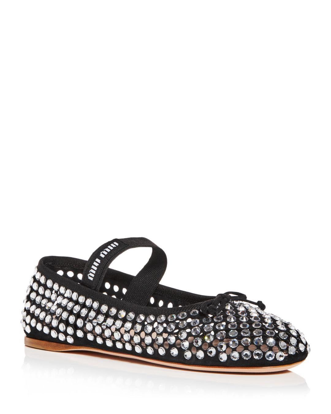 Miu Miu Crystal Embellished Perforated Ballet Flats In White | Lyst