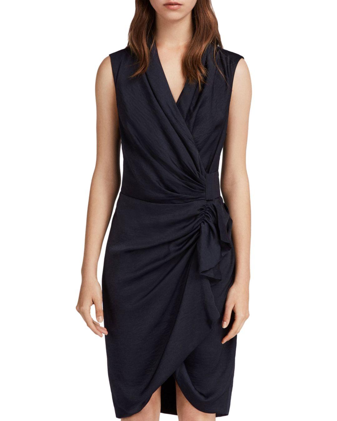 AllSaints Cancity Ruched Wrap Dress in Black | Lyst