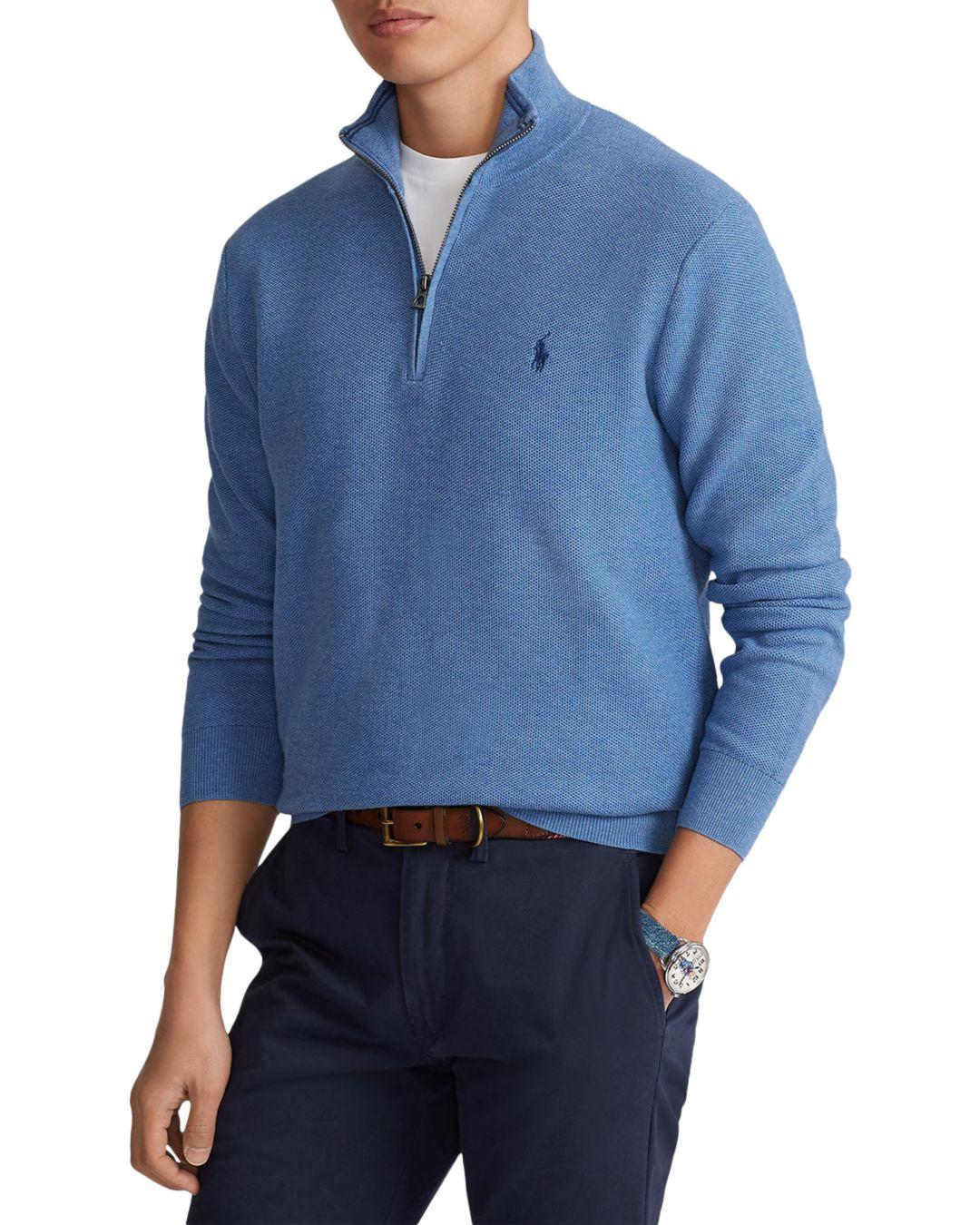 Polo Ralph Lauren Regular Fit Cotton Mesh Quarter Zip Pullover in Blue