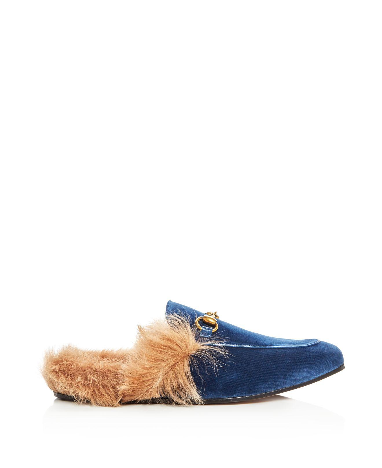 Gucci Men's Princetown Velvet And Lamb Fur Slippers in Blue for Men | Lyst