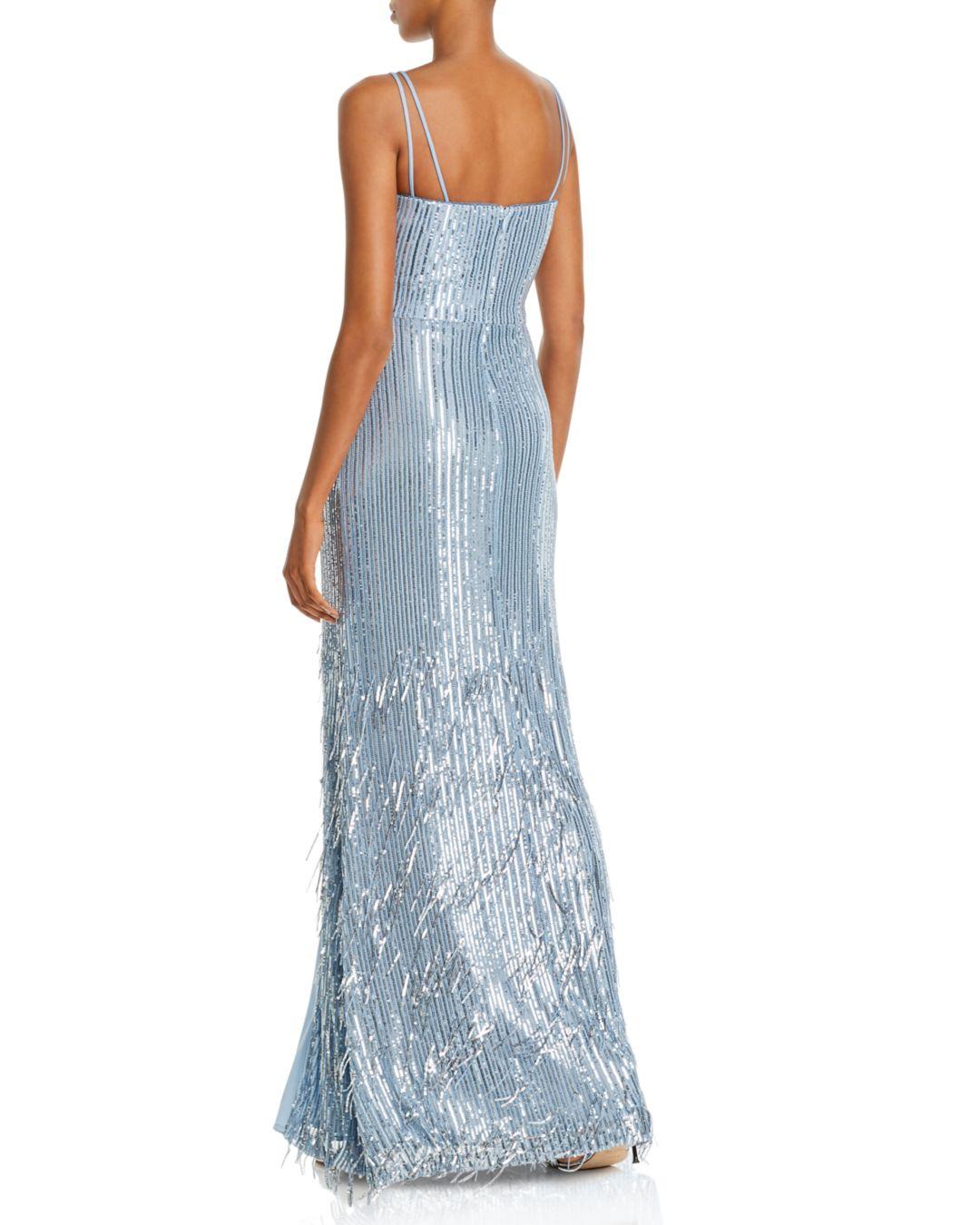 Aqua Synthetic Long Sequin Fringe Gown ...
