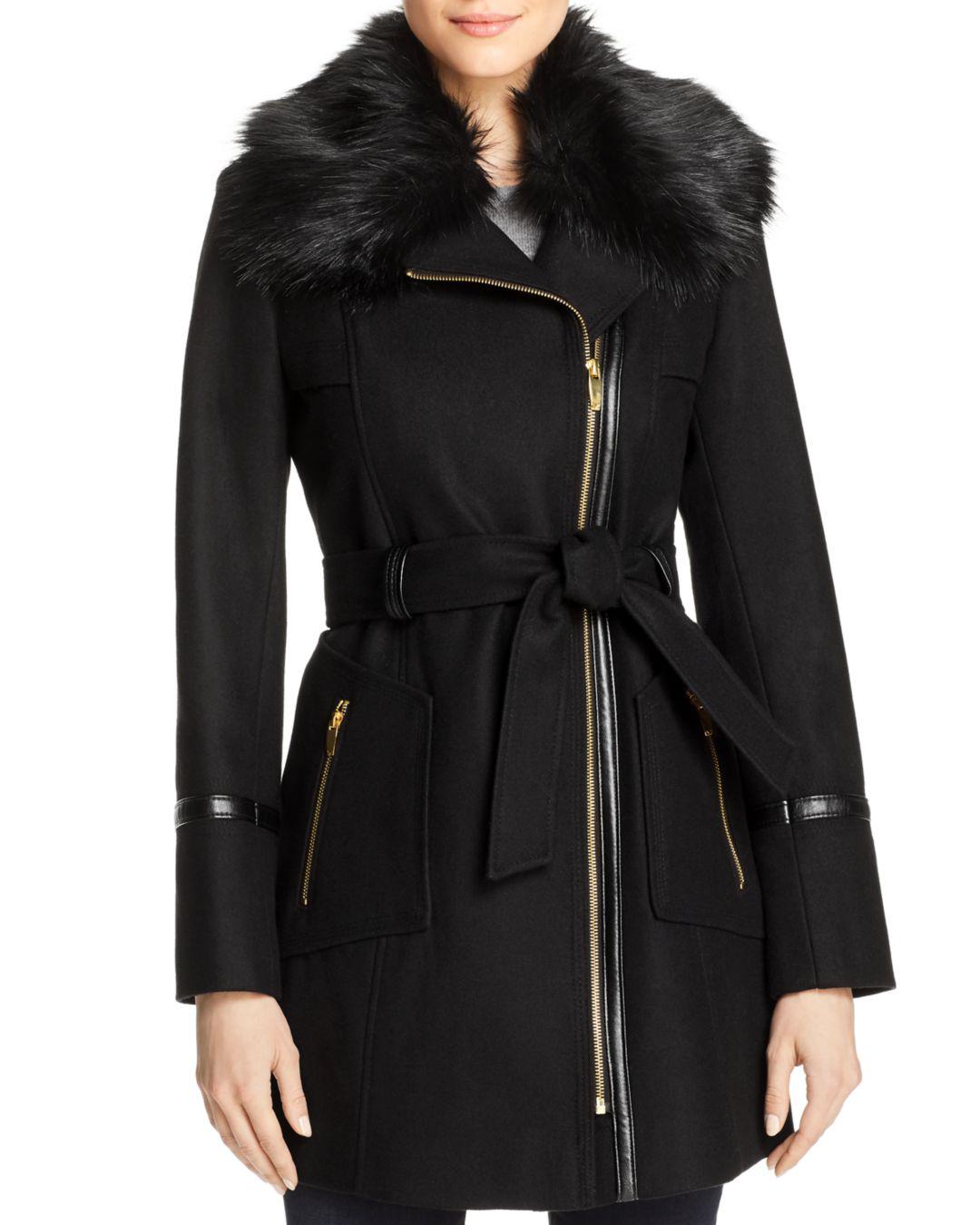 Via Spiga Faux Fur-collar Asymmetric Belted Coat in Black - Lyst