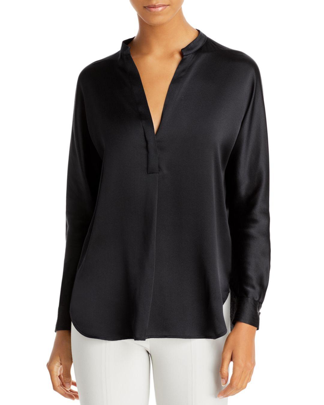 Vince Band Collar Silk Blouse in Black - Lyst
