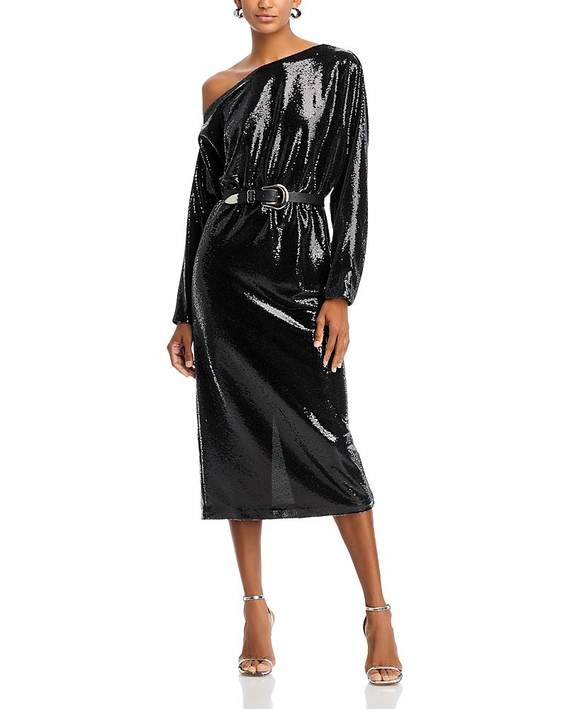 elegant occasion black sequin one-shoulder midi dress Kiki One Shoulder Midi Dress