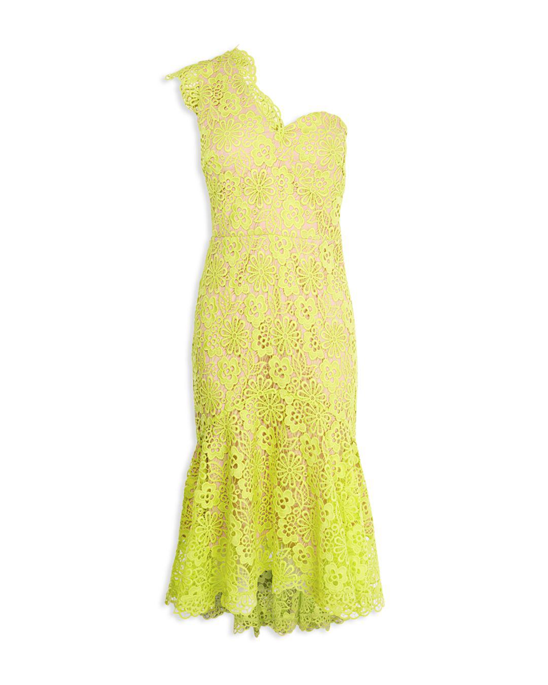 Karen Millen One Shoulder Lace Midi Dress in Yellow | Lyst
