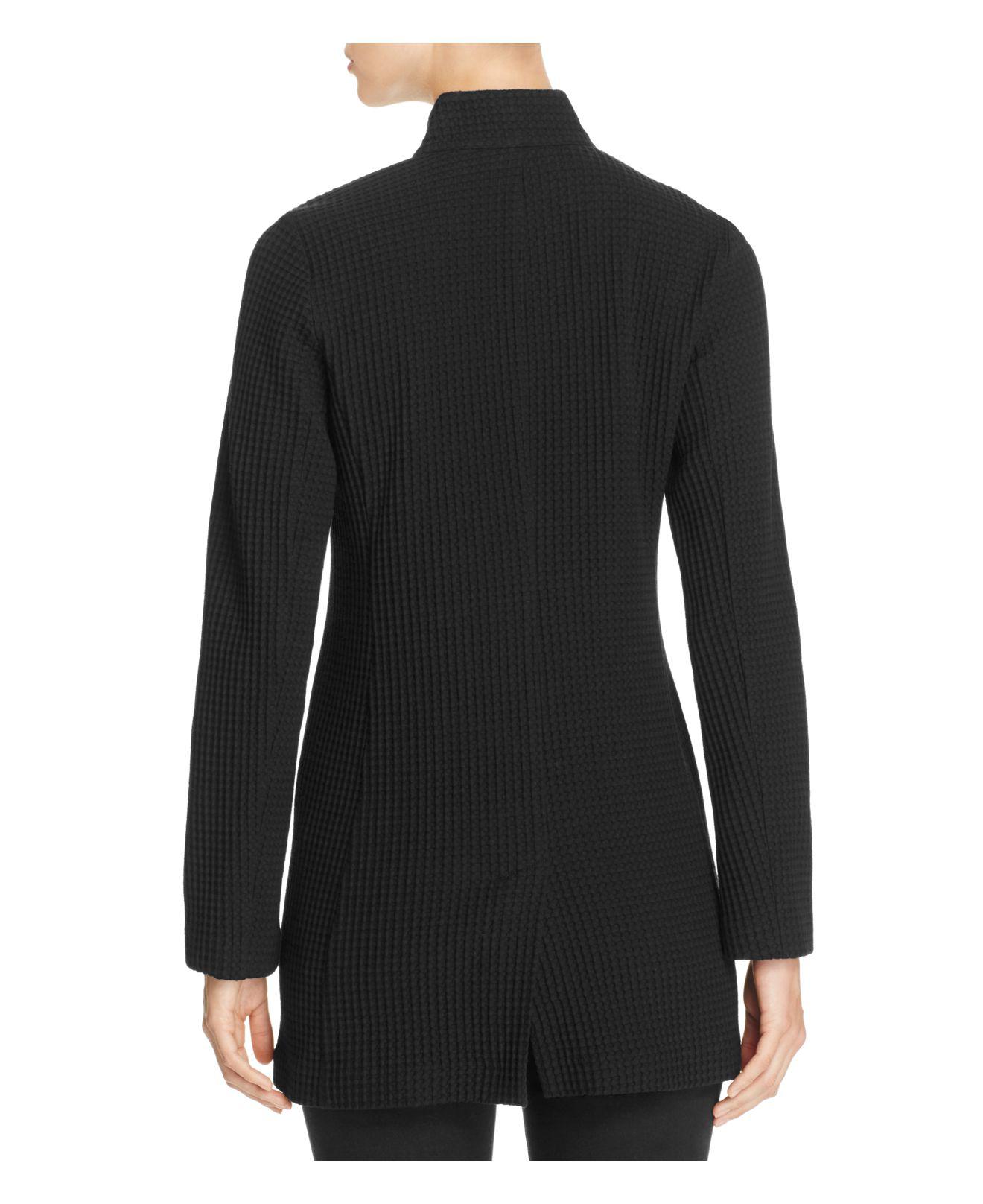 Eileen Fisher Stand Collar Waffleknit Jacket in Black Lyst