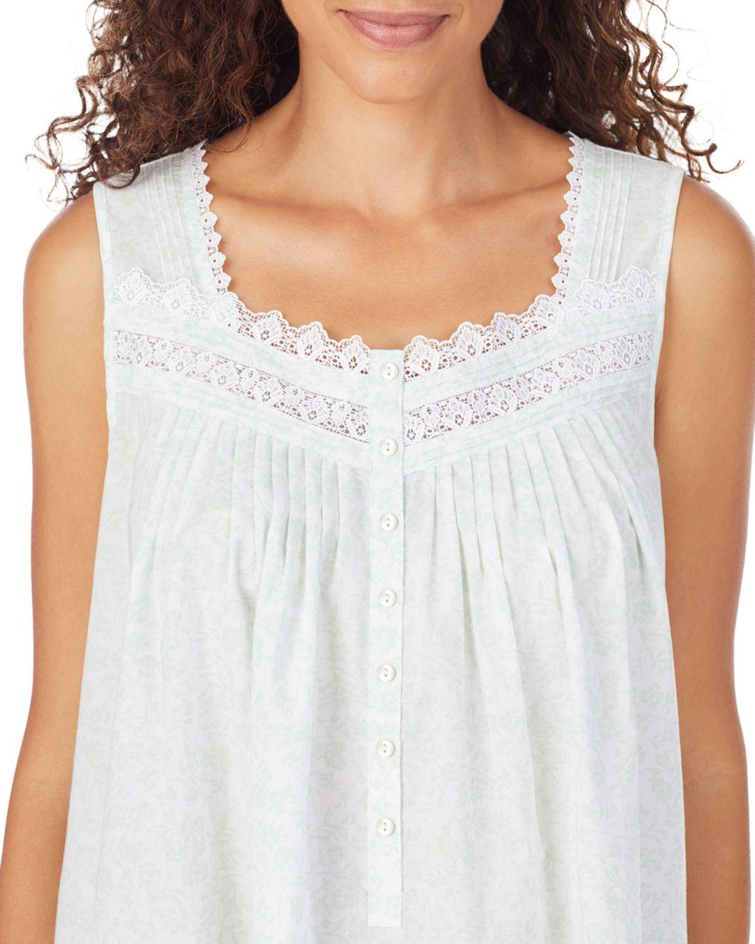 Eileen West Ruffle Hem Cotton Chemise Nightgown in Sage Print (White