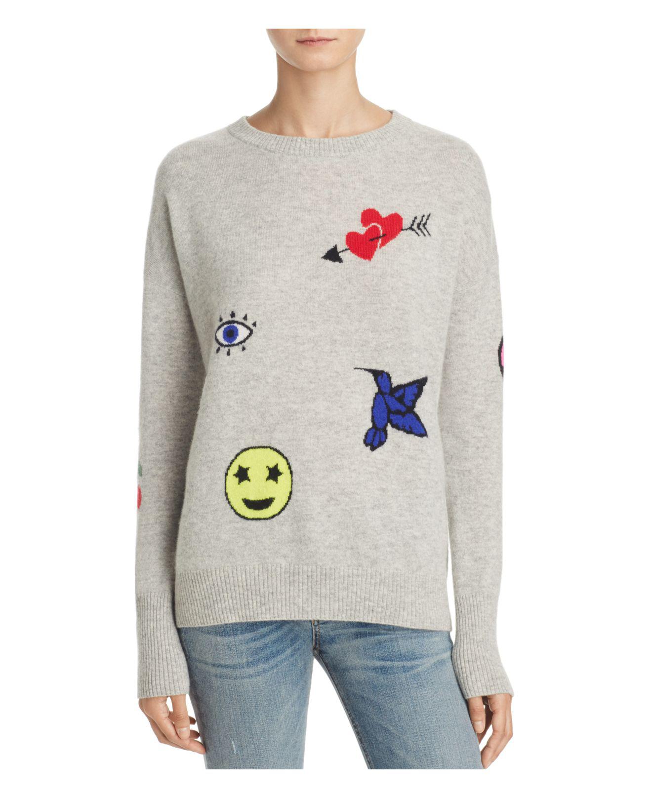 Aqua Cashmere Patch Emoji Intarsia Sweater in Combo (Gray) - Lyst
