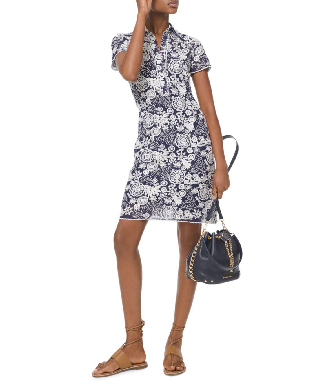 MICHAEL Michael Kors Leather Embroidered Medallion & Floral Pattern Georgette  Shirt Dress in Blue - Lyst