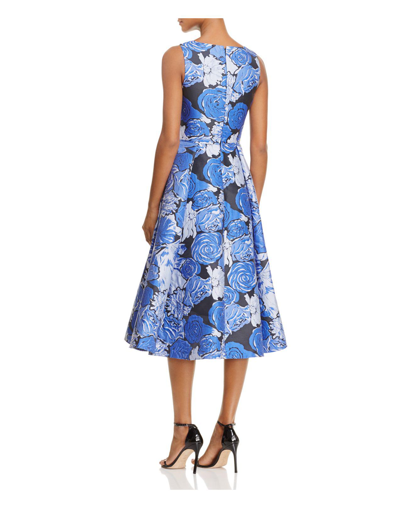 Adrianna Papell Floral V-neck Midi Dress in Blue - Lyst