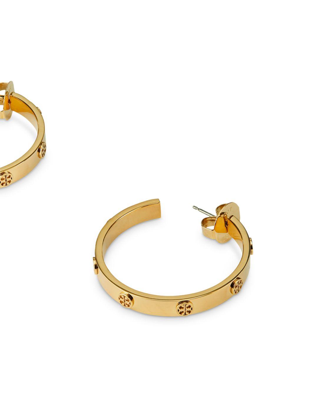 Tory Burch Miller Insignia Studded Hoop Earrings In Gold Tone Stainless  Steel in Metallic | Lyst