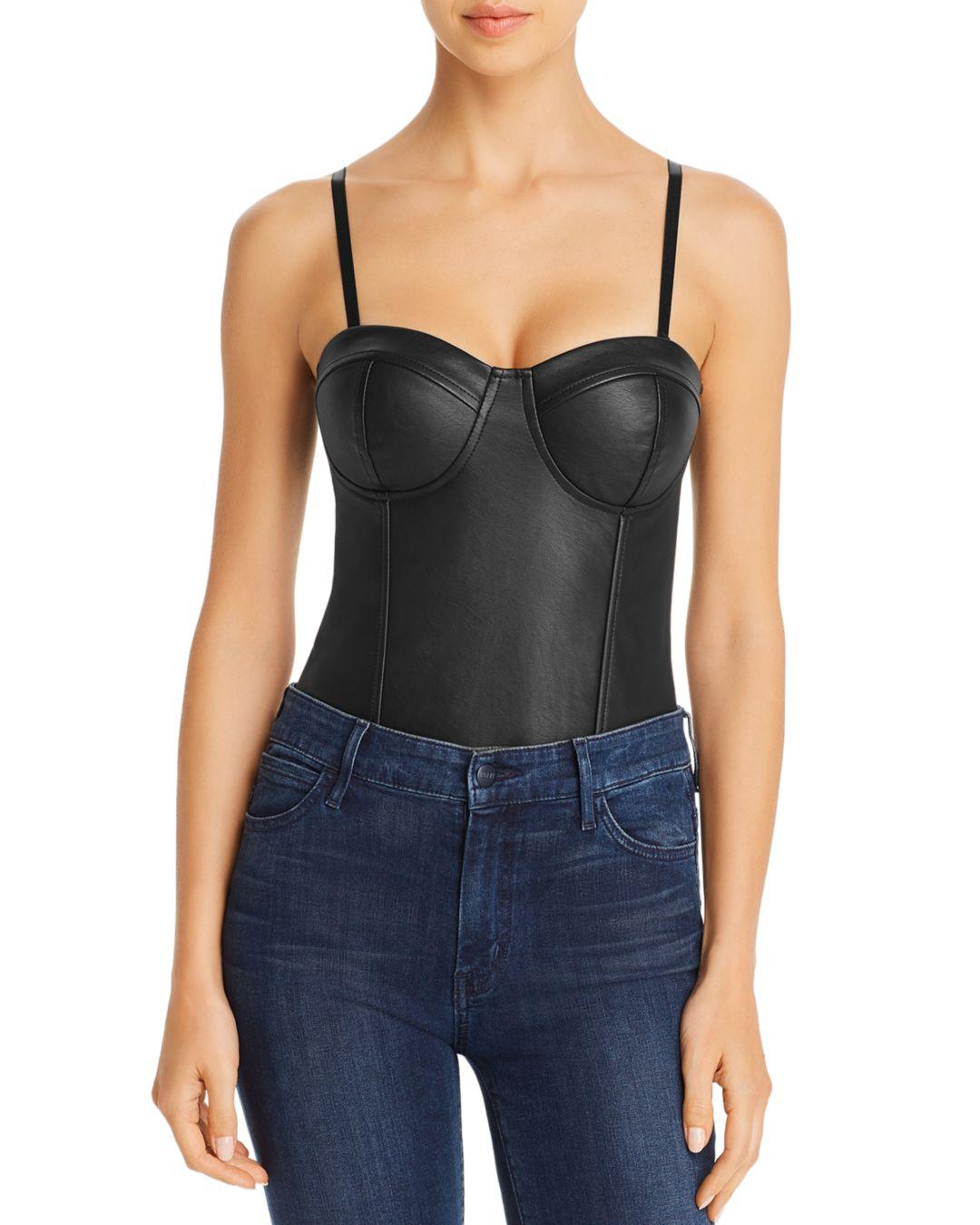 Aqua Faux Leather Detail Bustier Bodysuit in Black Lyst