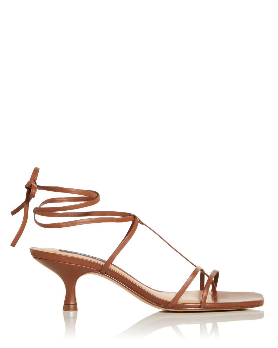 Aqua Leather Ankle Tie Kitten Heel Sandals in Brown | Lyst