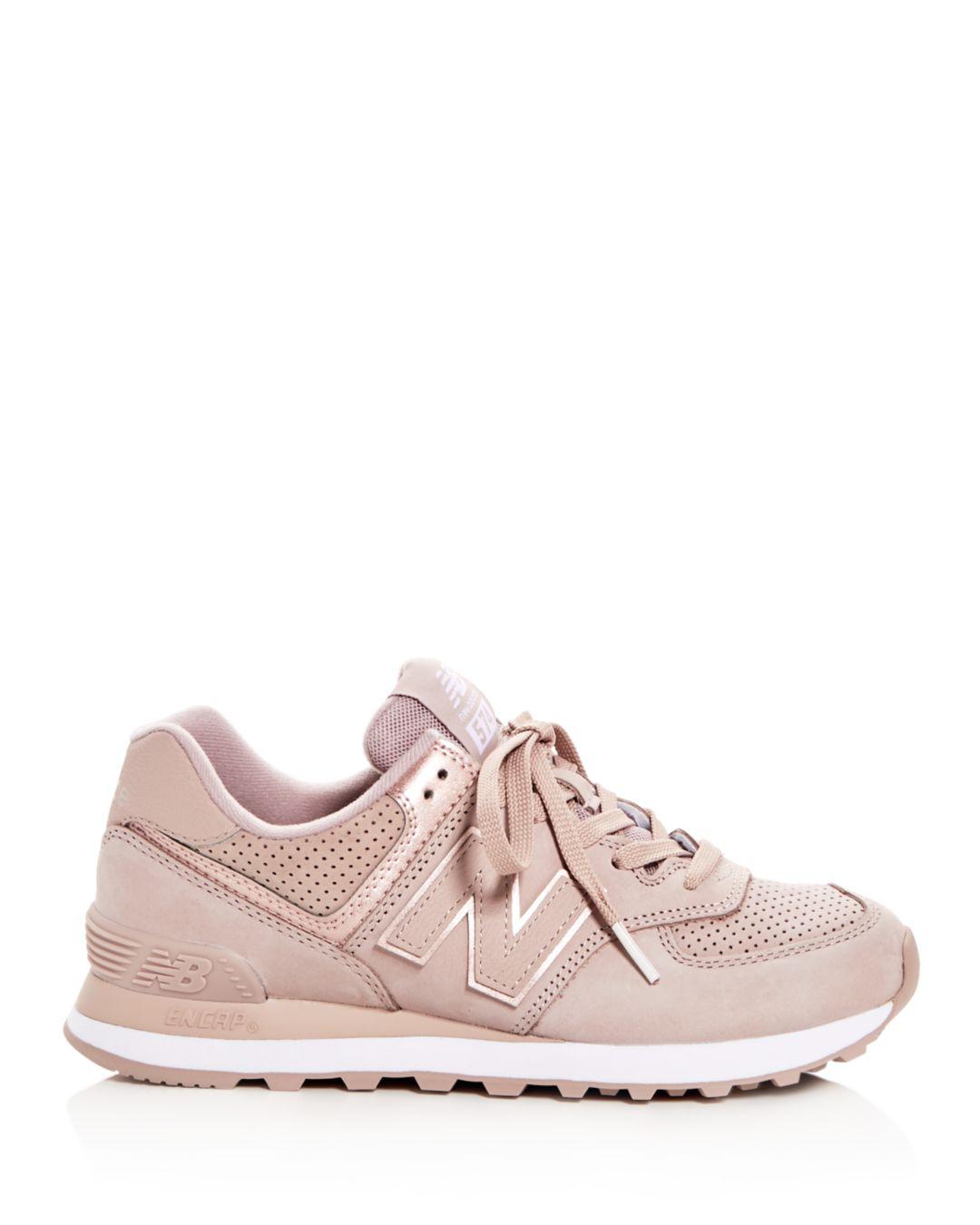 New Balance Women's 574 Nubuck Leather Lace Up Sneakers in Pink | Lyst