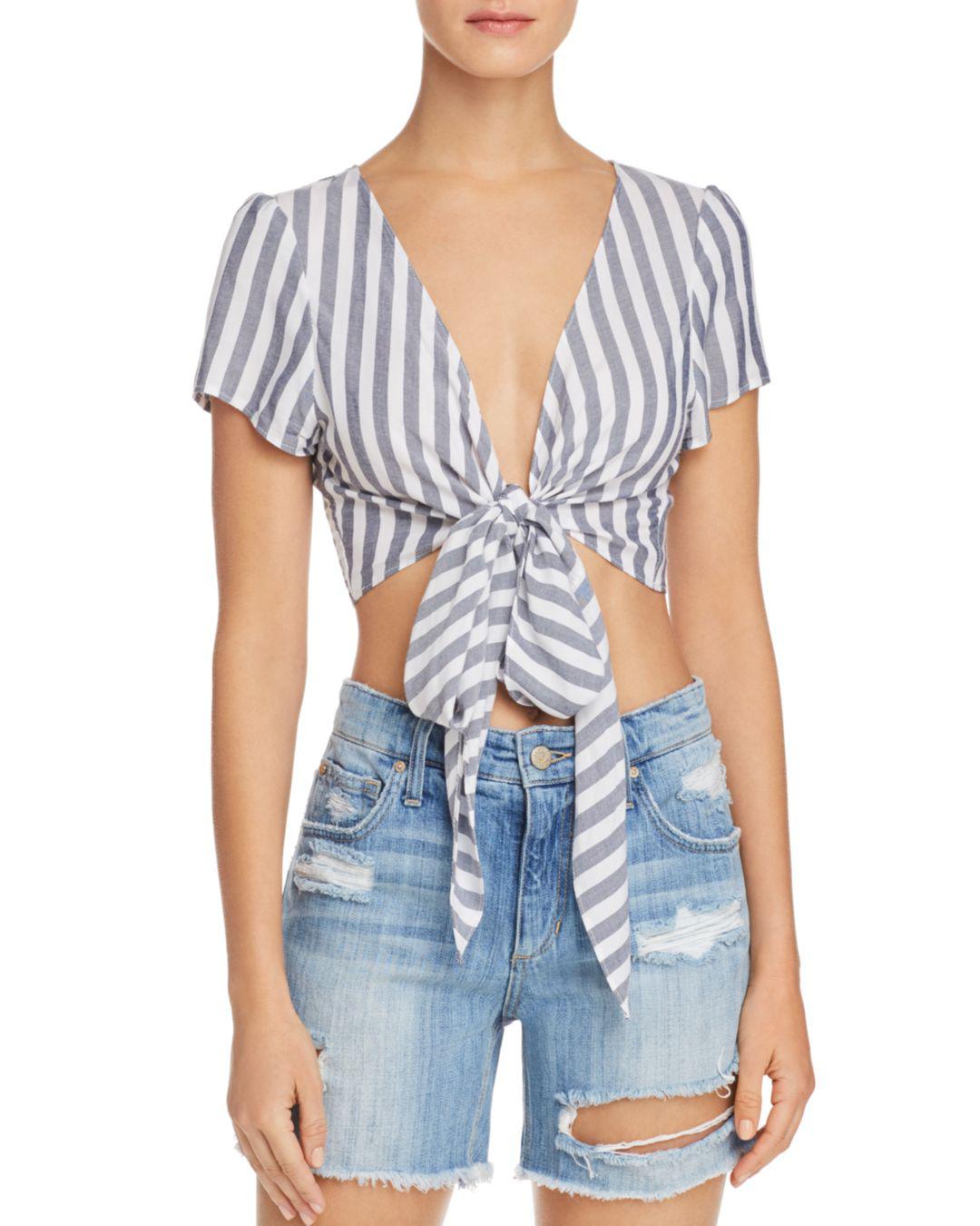 Aqua Tie-front Striped Cropped Top in Blue | Lyst