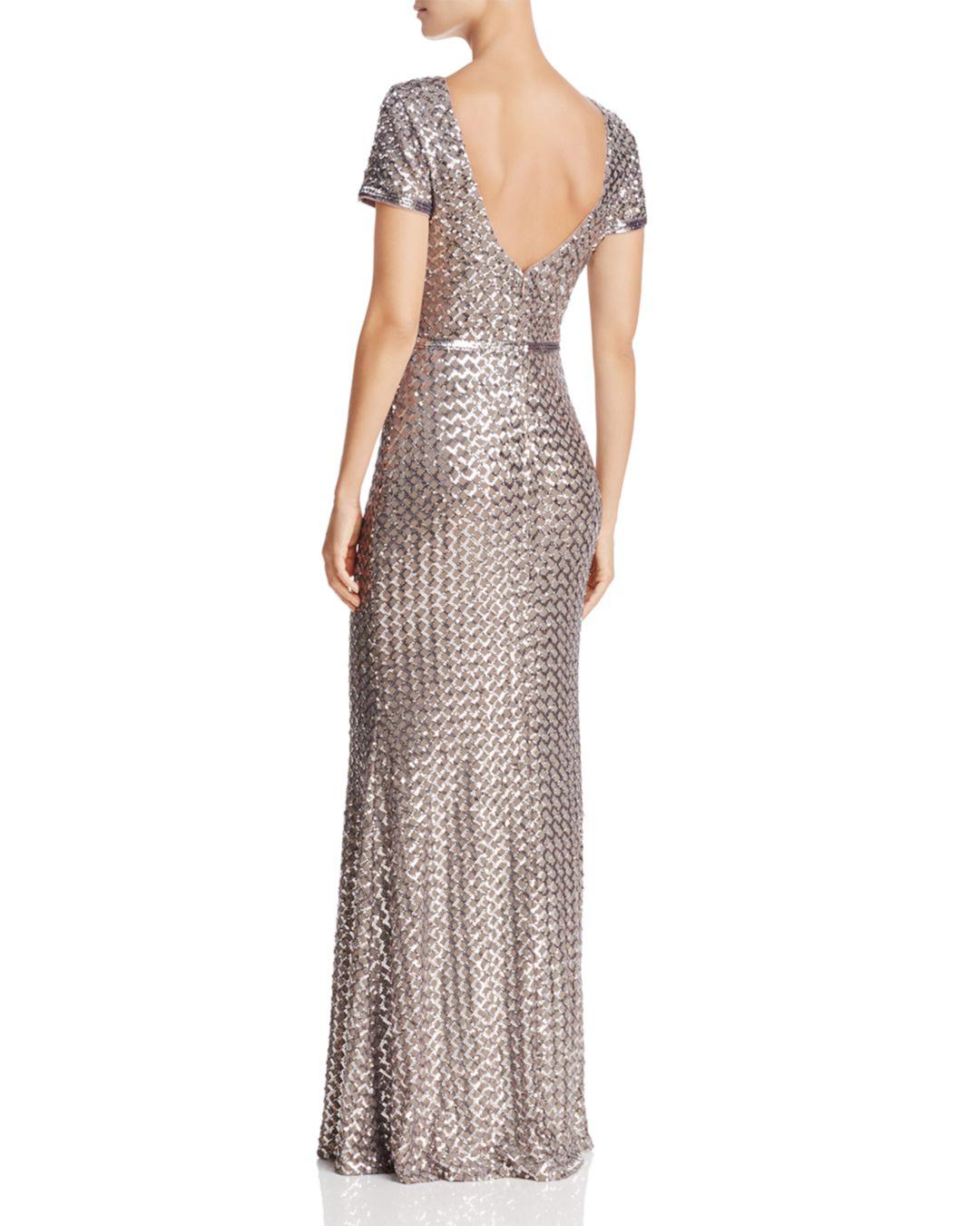 Aqua Belted Sequin Gown in Silver/Taupe ...
