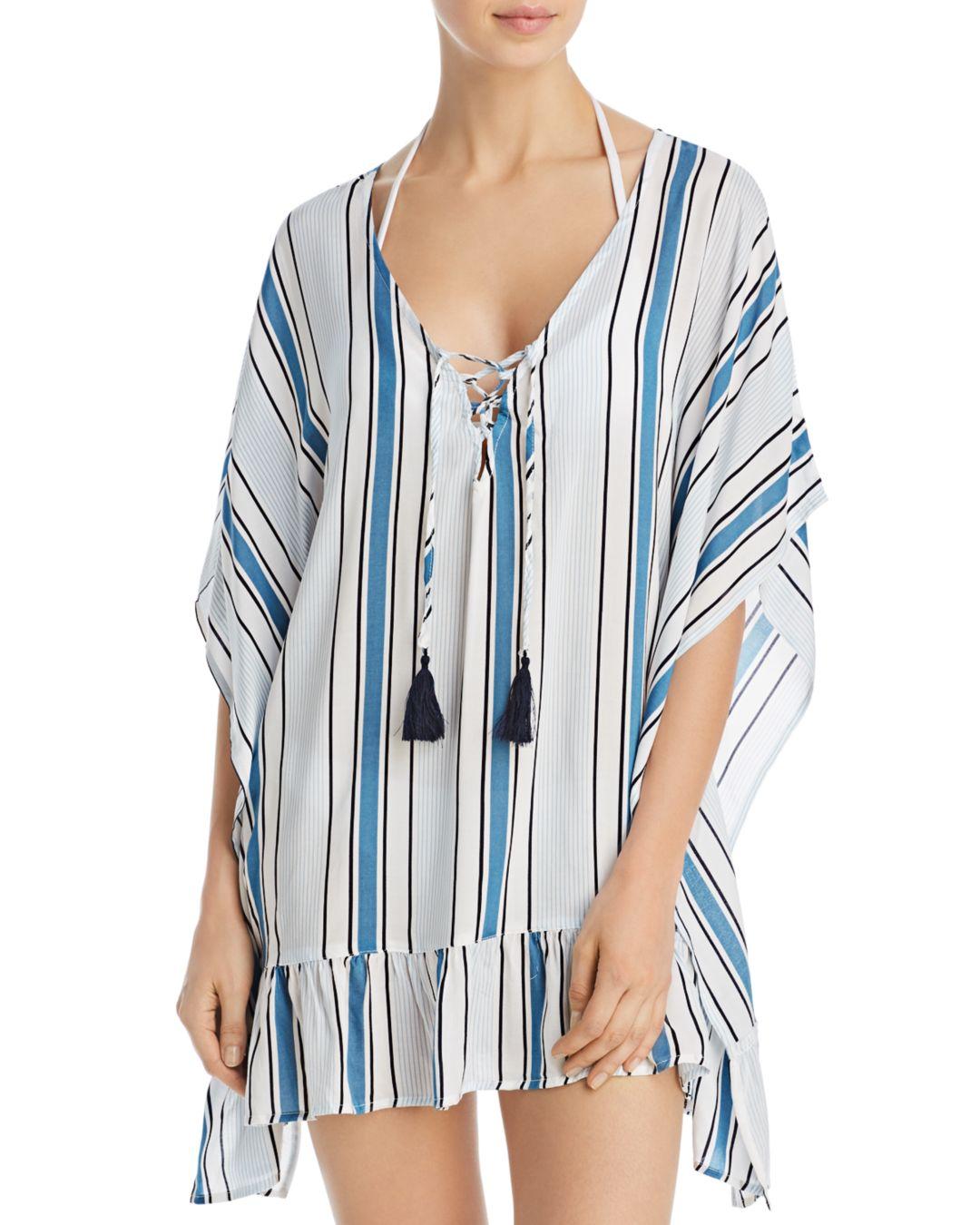 Surf Gypsy Ruffled Lace Up Swim Cover Up in Striped (Blue) Save