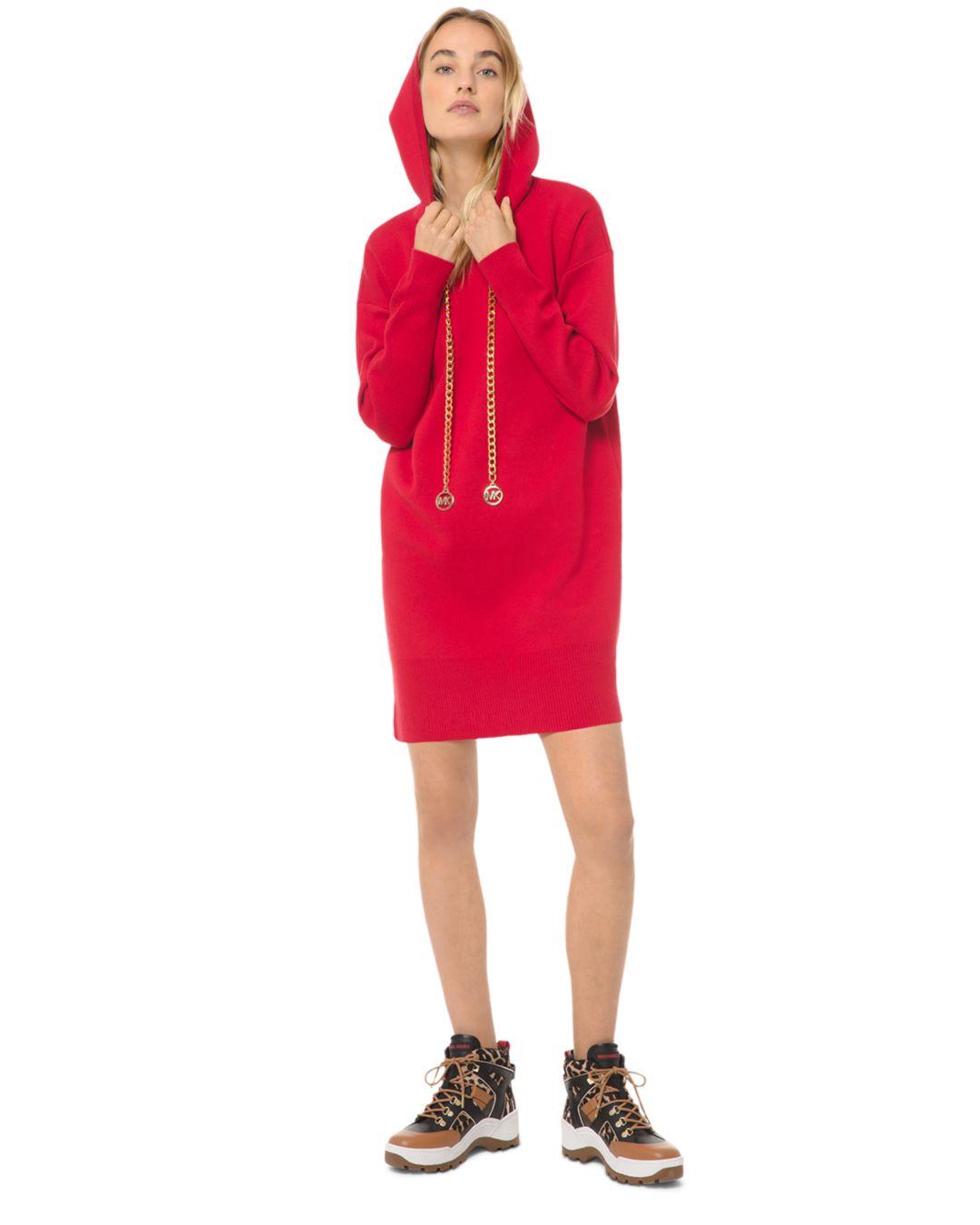 MICHAEL Michael Kors Logo Chain Cotton Stretch Hoodie Dress in Red | Lyst