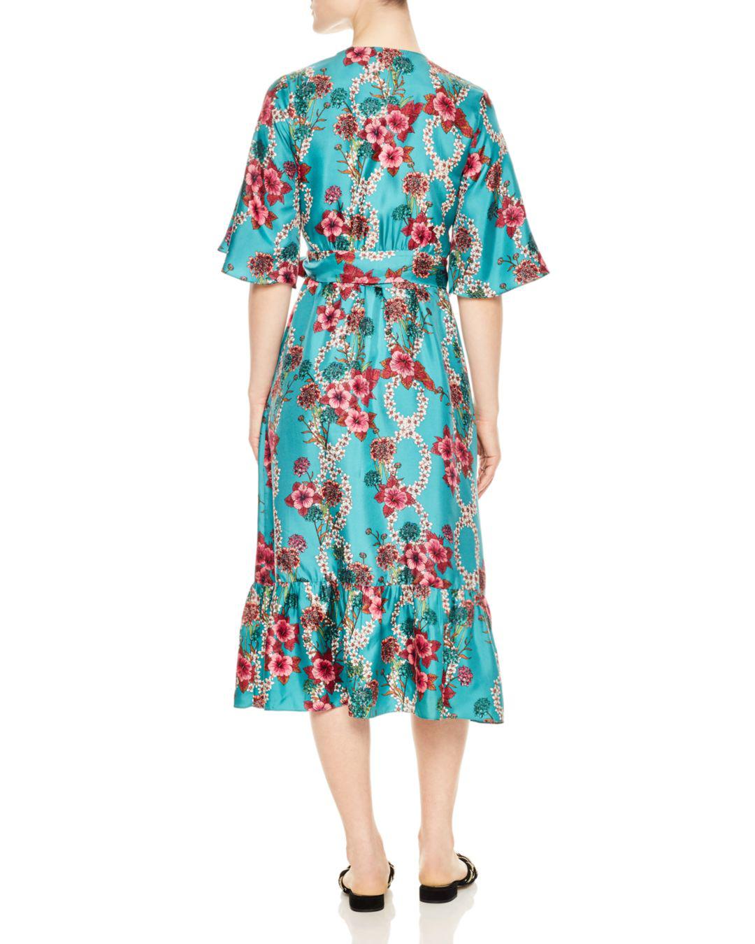 teal floral midi wrap dress