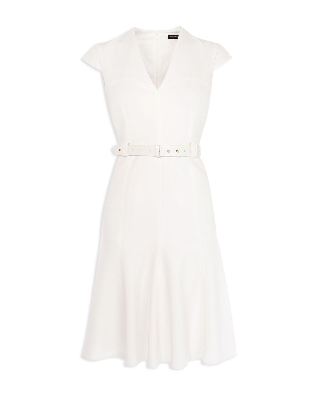 Karen Millen Belted Fit - And - Flare Dress in White | Lyst