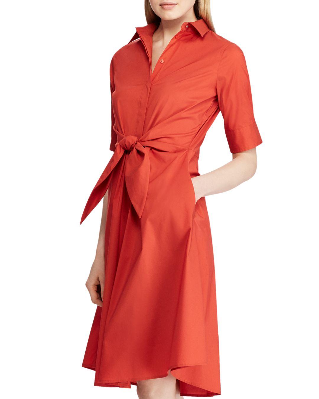 Ralph Lauren Lauren Tie - Front Shirt Dress in Red | Lyst
