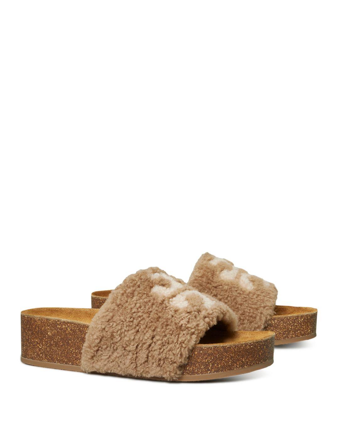 Tory Burch Double T Shearling Flatform Slide Sandals in Brown | Lyst