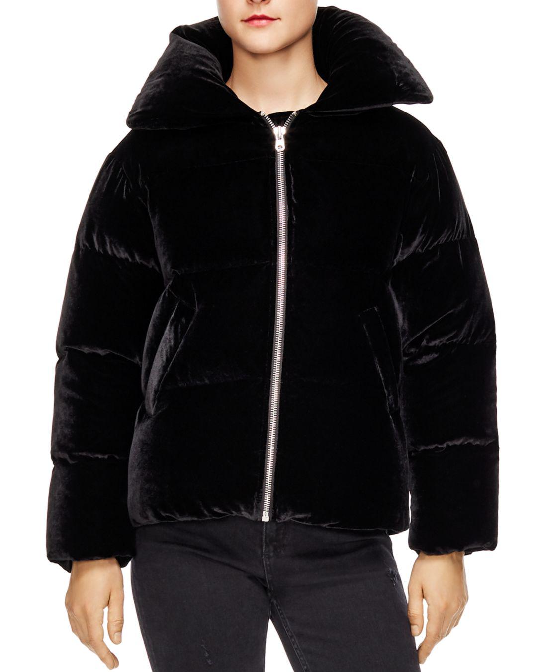 Sandro Atenea Velvet Puffer Coat in Black - Lyst