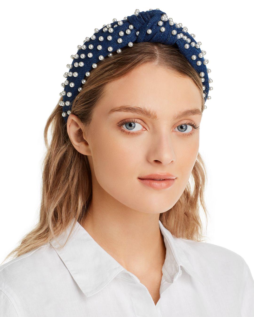 Lele Sadoughi Fauxpearl Embellished Denim Knotted Headband in Denim