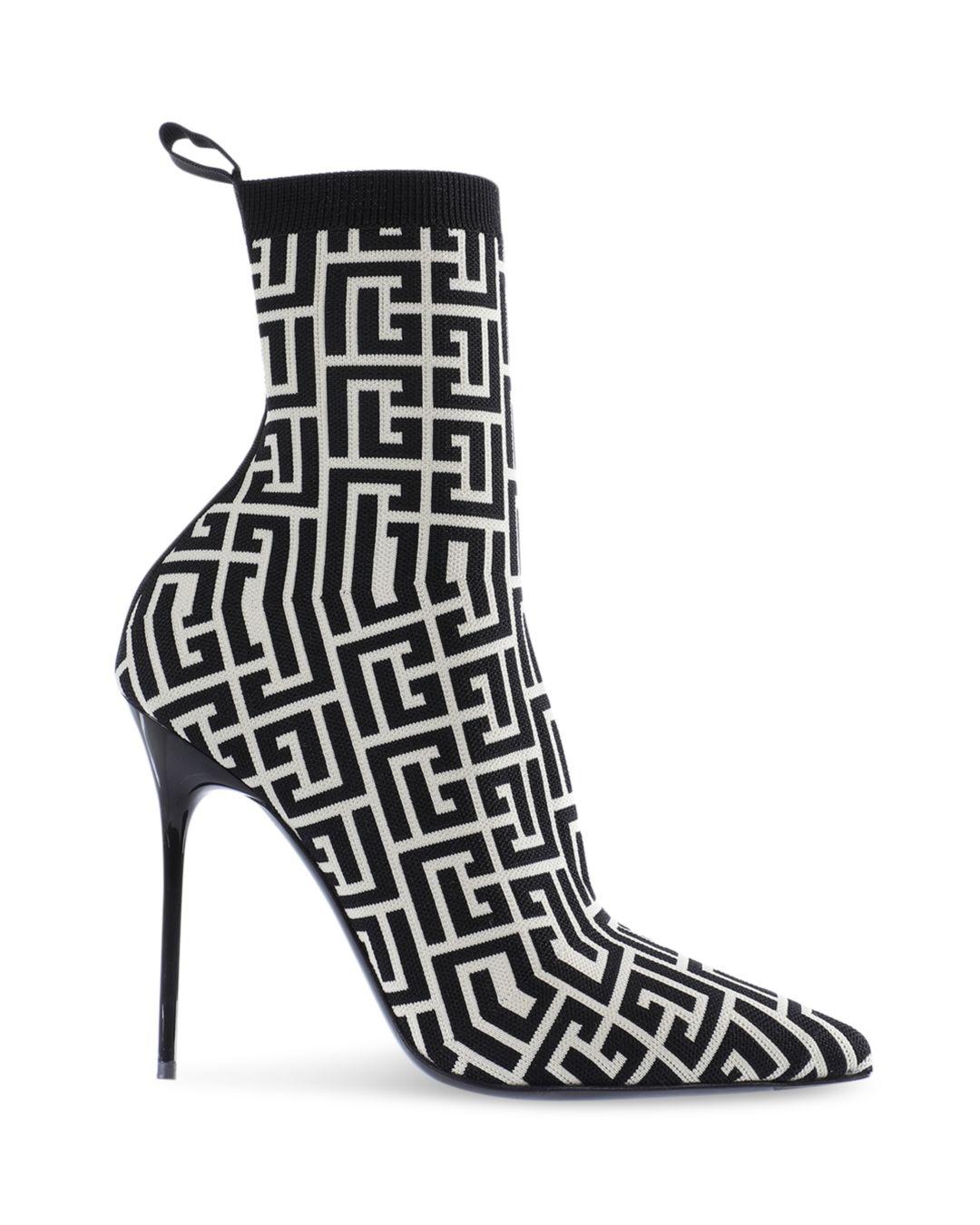 Balmain Pointed Toe Printed Knit High Heel Ankle Booties in Black | Lyst
