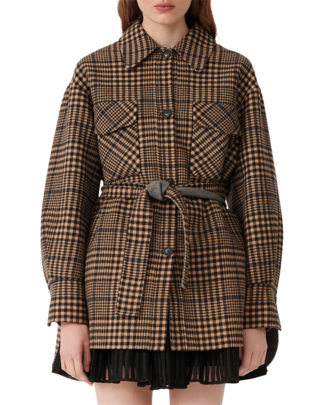 Maje Gavino Plaid Belted Coat in Brown | Lyst