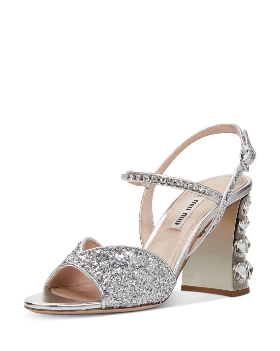 Miu Miu Glitter Crystal Embellished Block Heel Sandals | Lyst