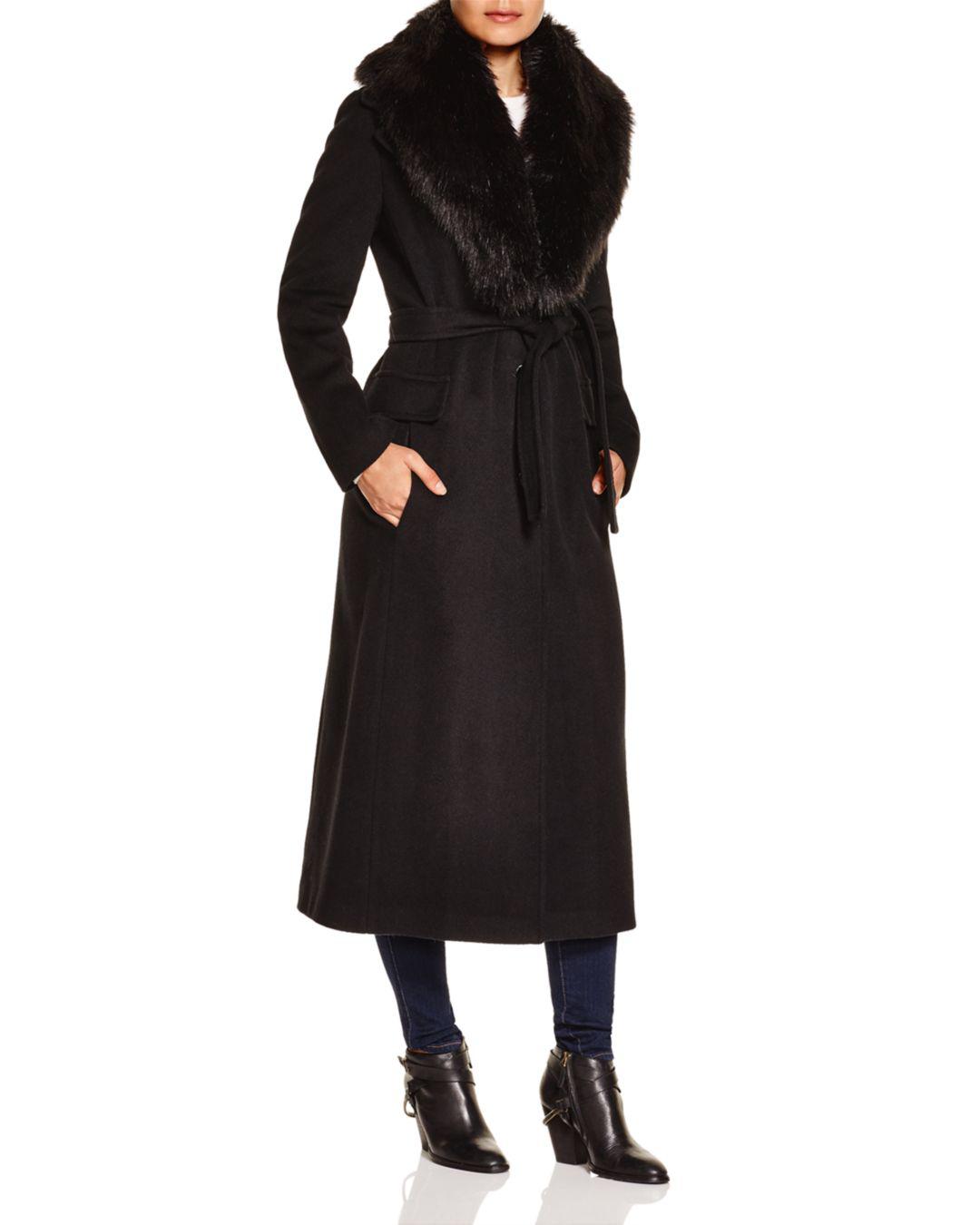 Calvin Klein Faux Fur Trim Wrap Coat in Black | Lyst