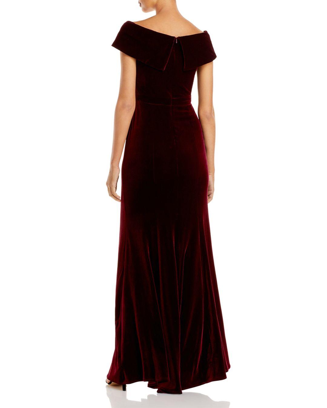 Shoulder Fluted Velvet Gown in Burgundy 