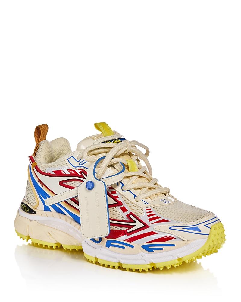 off white red blue and yellow shoes