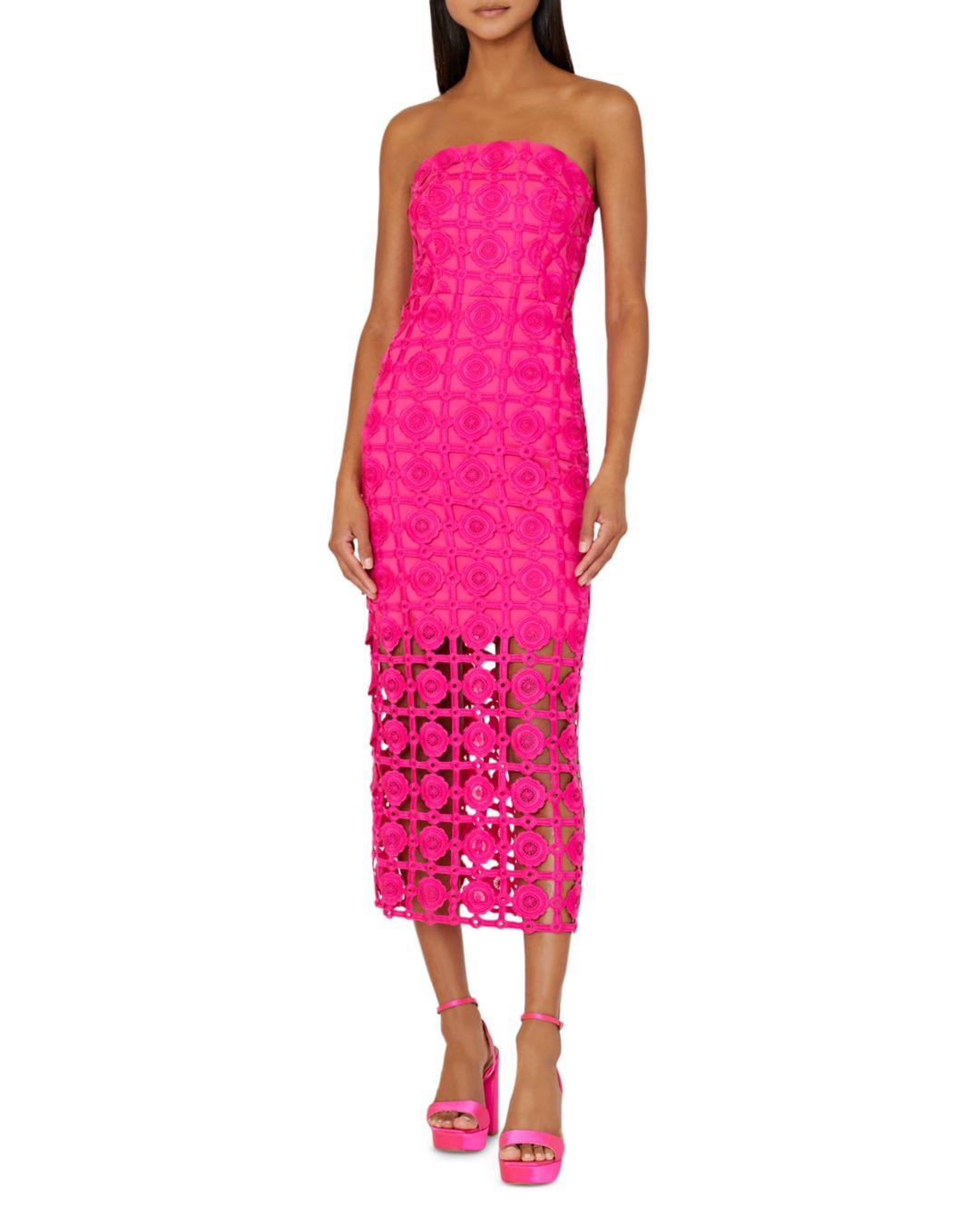 MILLY Kait Tile Lace Strapless Midi Dress in Pink | Lyst