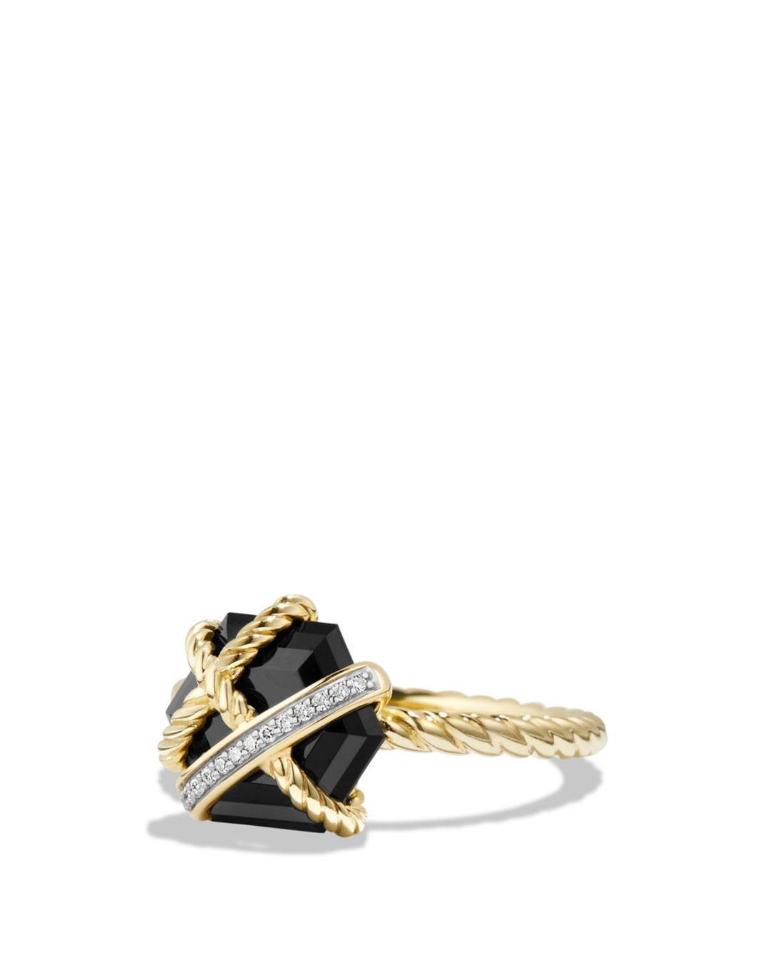 David Yurman Cable Wrap Ring With Black Onyx & Diamonds In 18k 