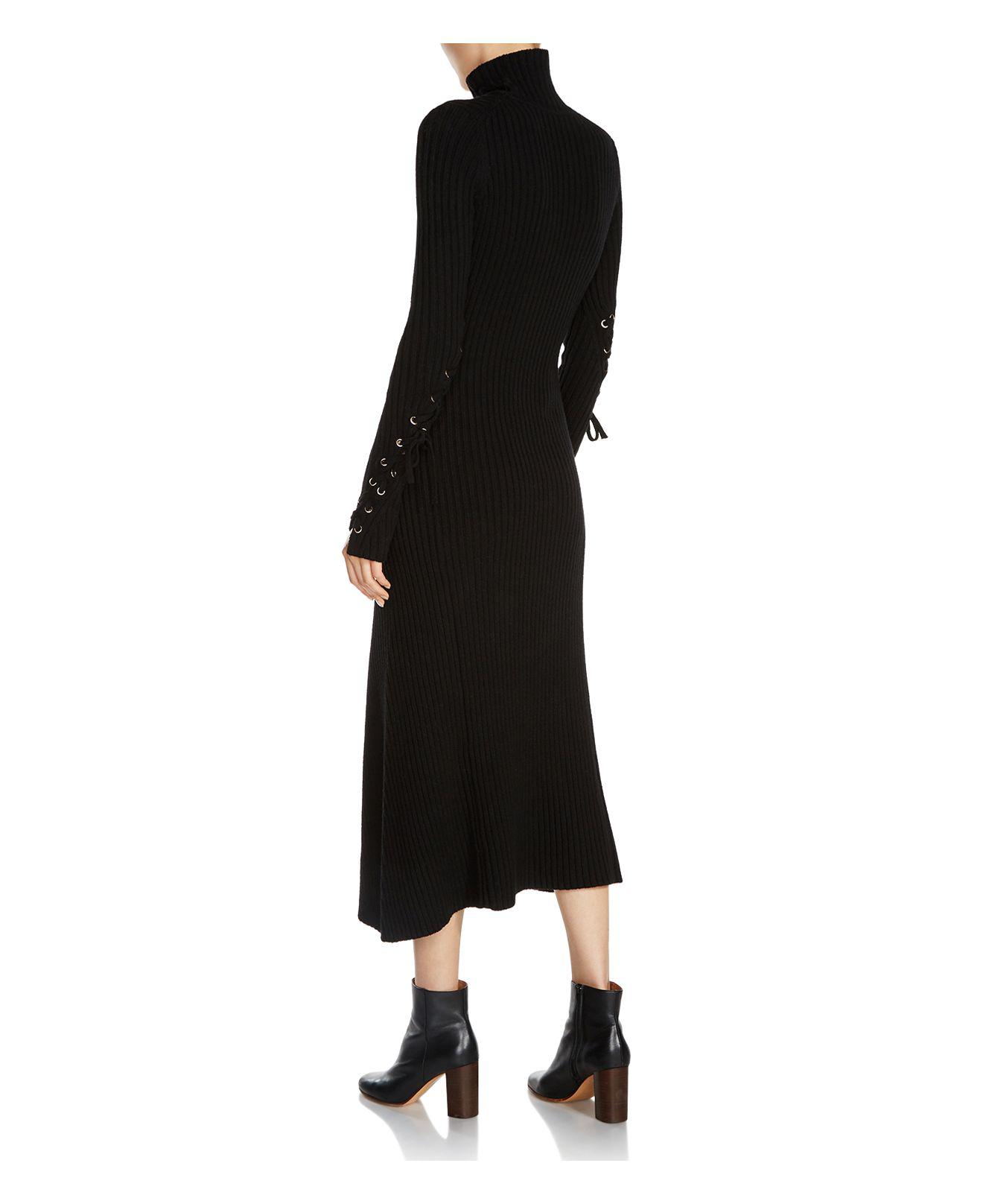 Maje Rafaela Ribbed Knit Lace-up Sleeve Midi Dress in Black - Lyst