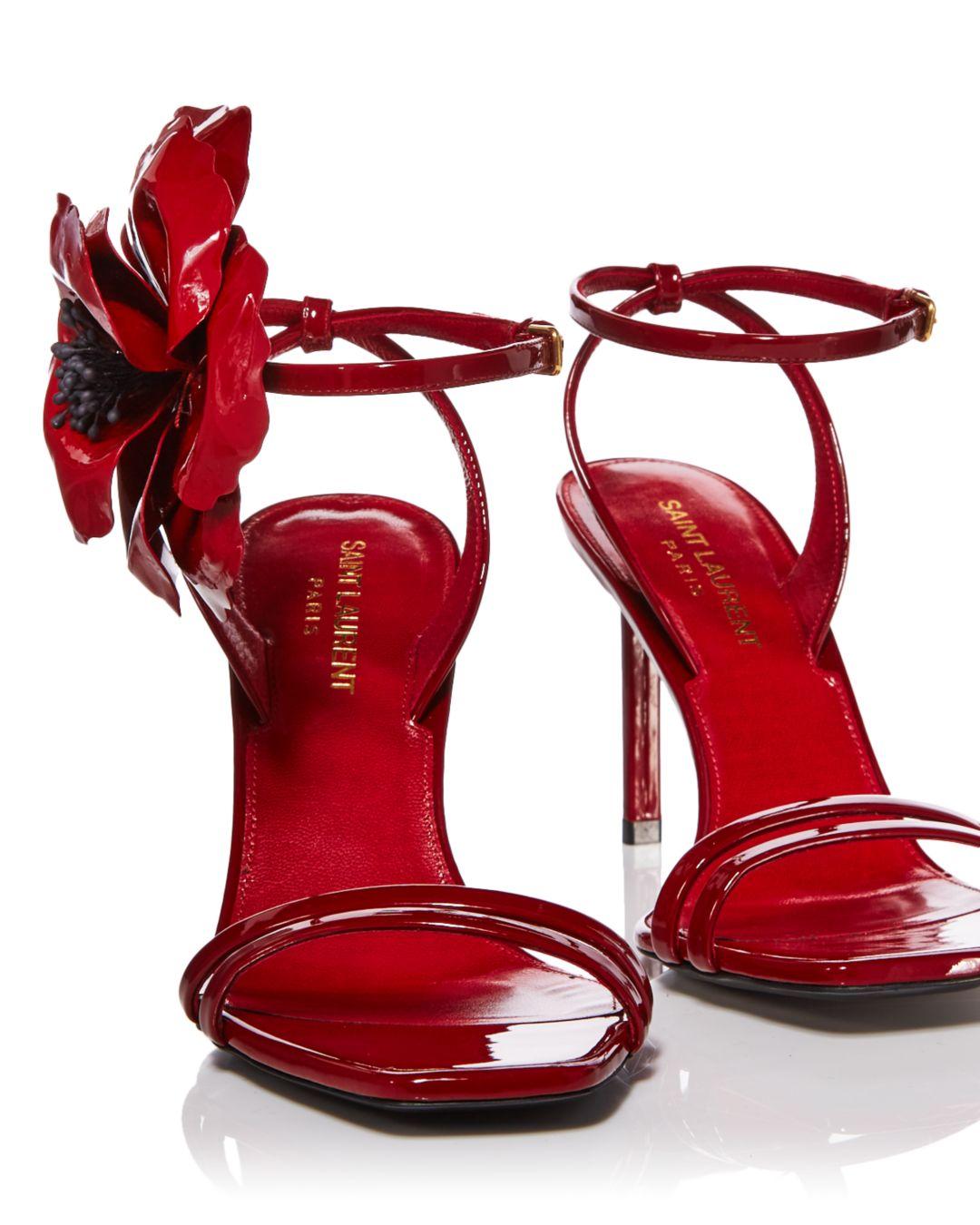 Saint Laurent Amber Square Toe Flower Leather High Heel Sandals in Red |  Lyst