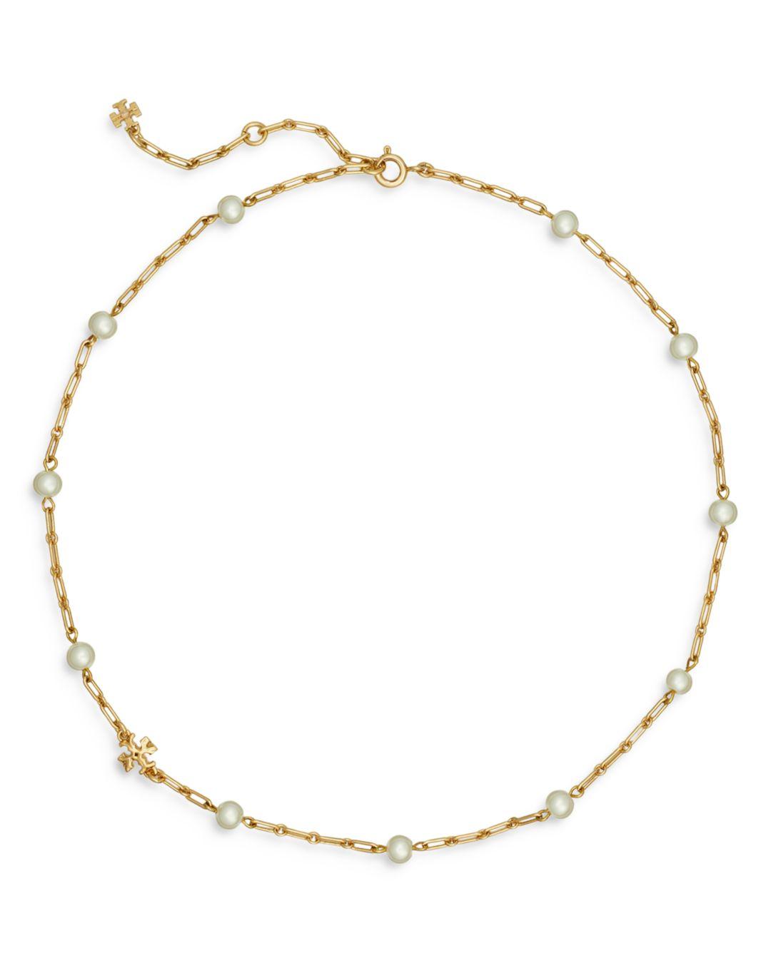 Tory Burch Thin Roxanne Faux Pearl Chain Necklace in Metallic | Lyst