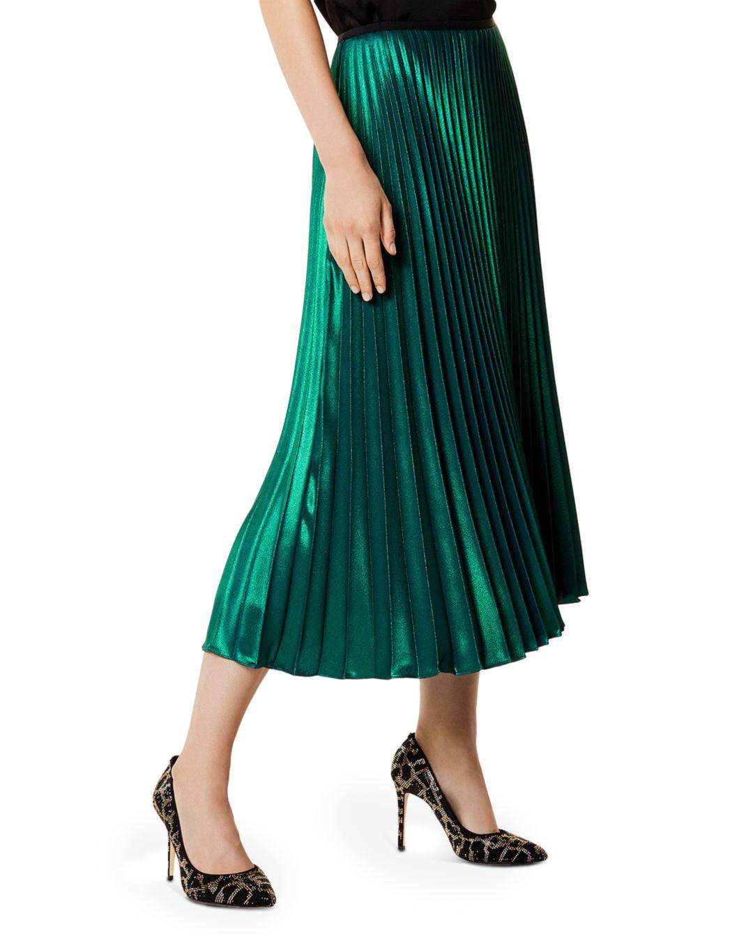 Karen Millen Metallic Pleated Skirt in Green | Lyst