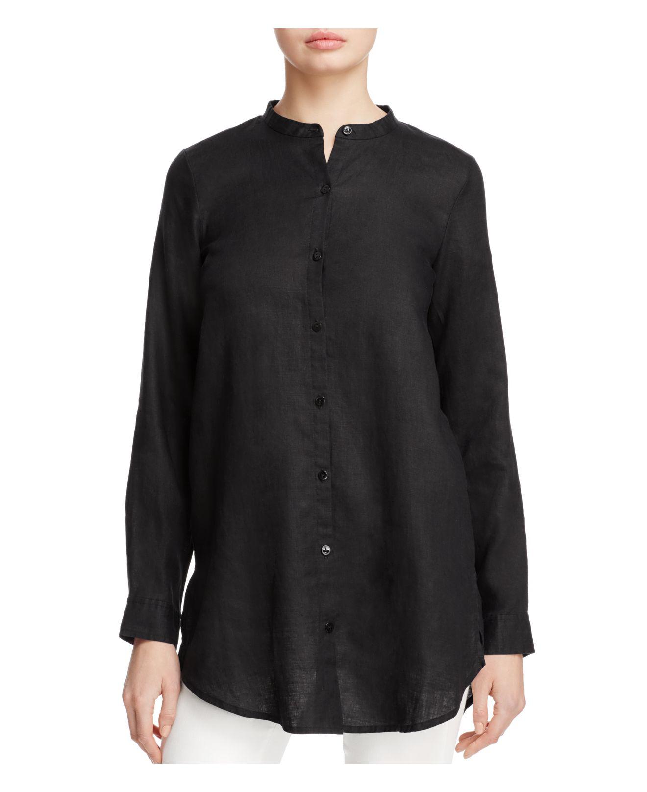Lyst - Eileen Fisher Organic Linen Mandarin Collar Shirt in Black