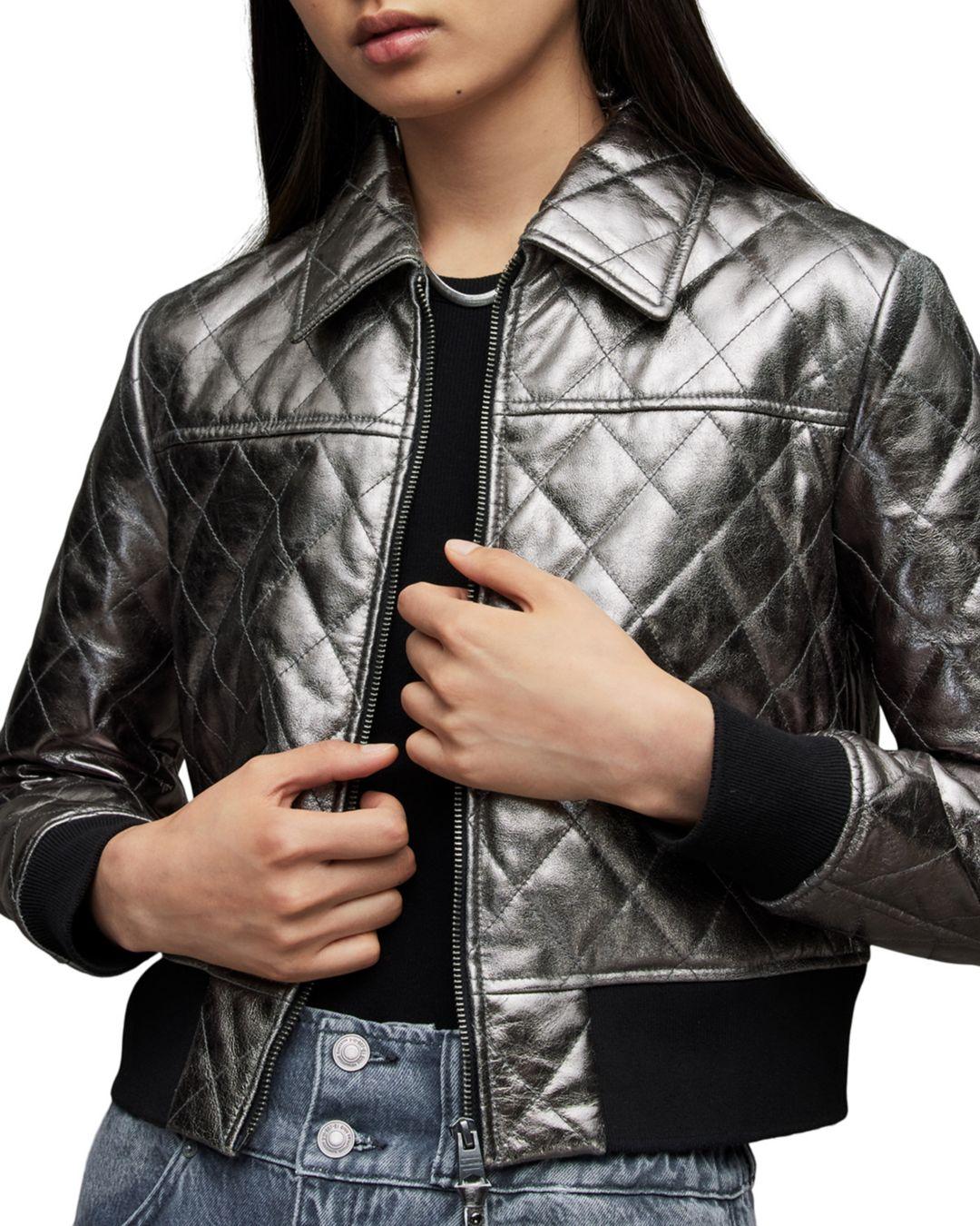 AllSaints Quinn Metallic Leather Bomber Jacket in Black | Lyst