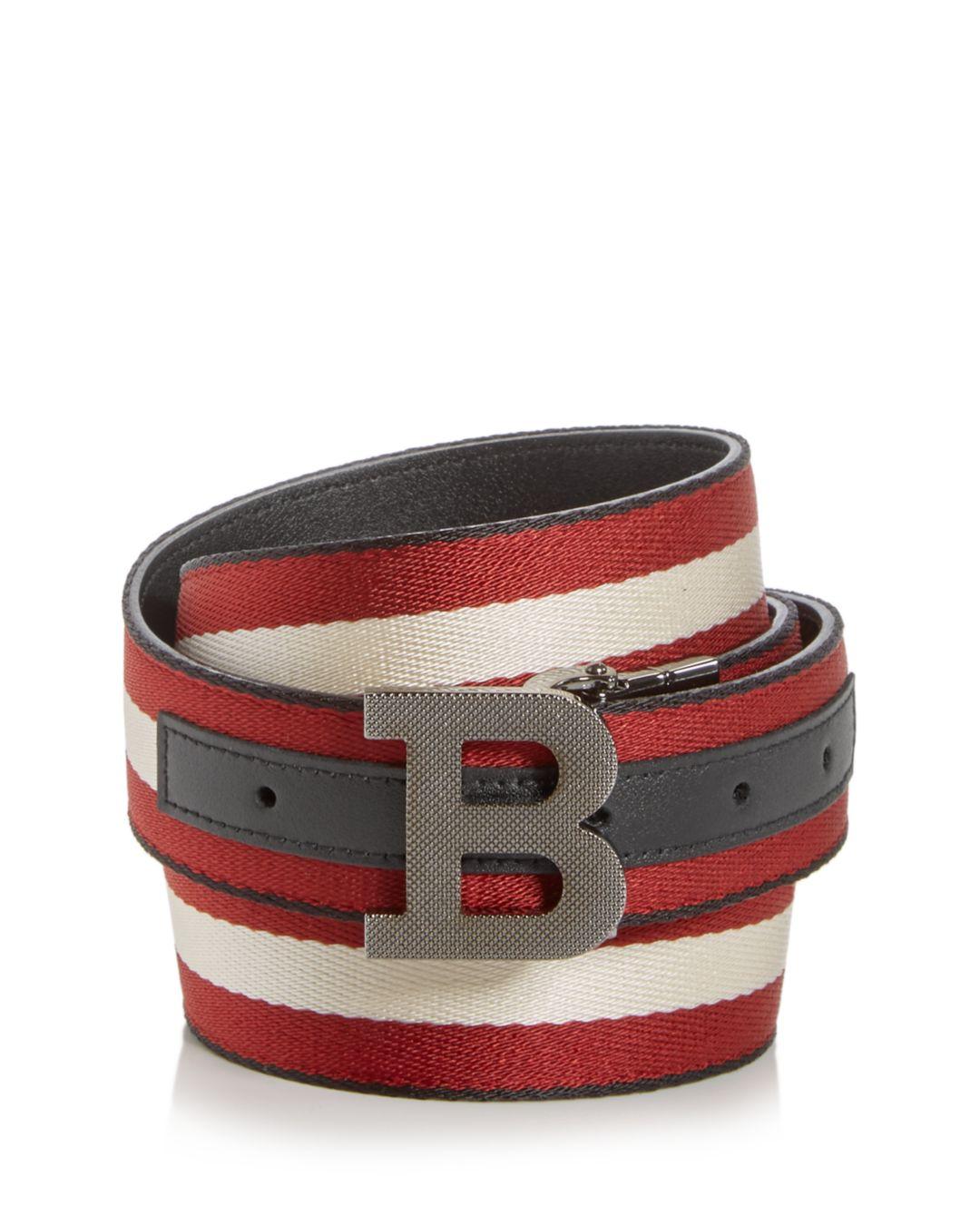 Bally Leather Men's Logo Buckle Webbing Stripe Belt in Black/Bone/Red ...