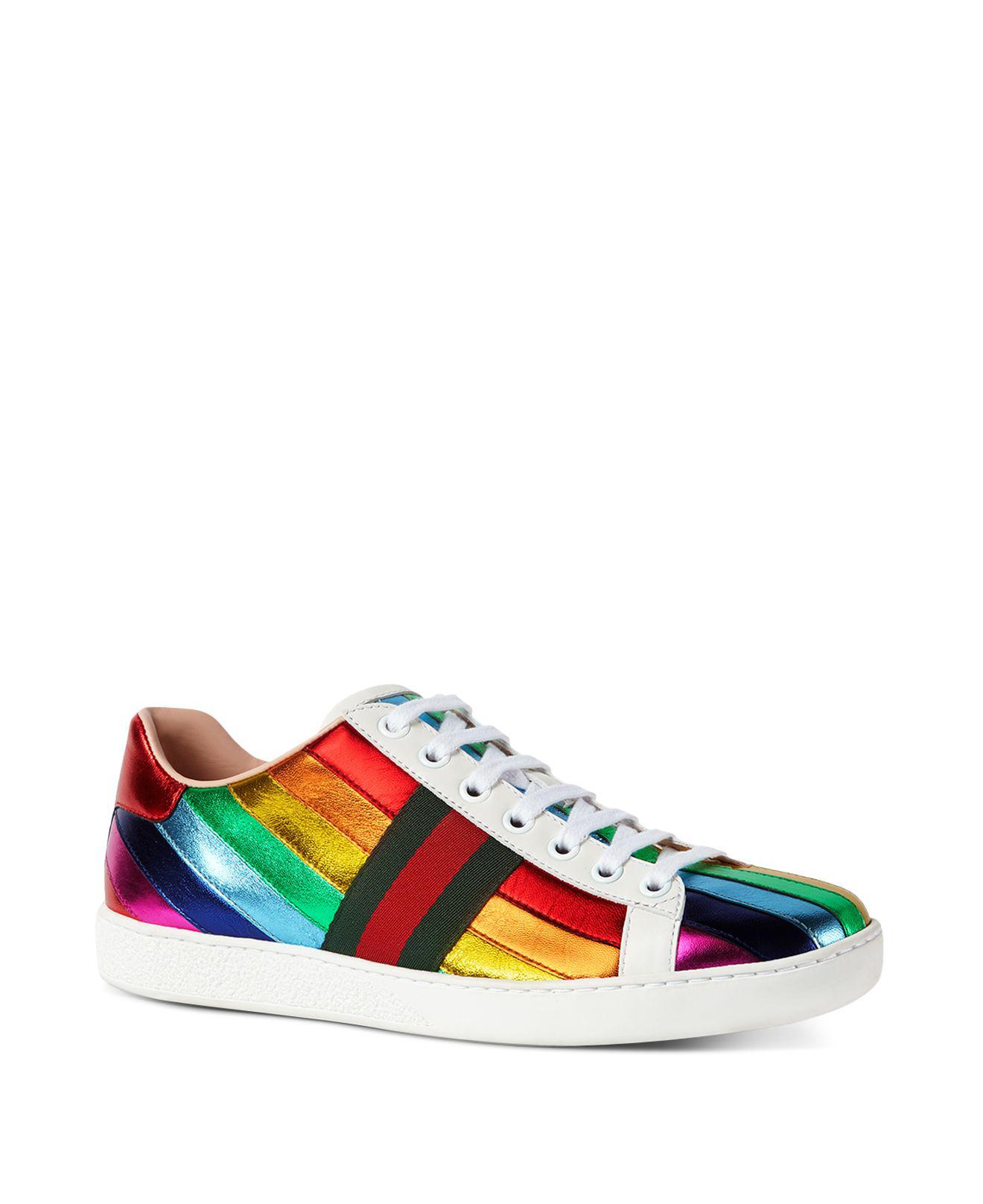 Gucci Metallic Rainbow Stripe Lace Up Sneakers in Red | Lyst