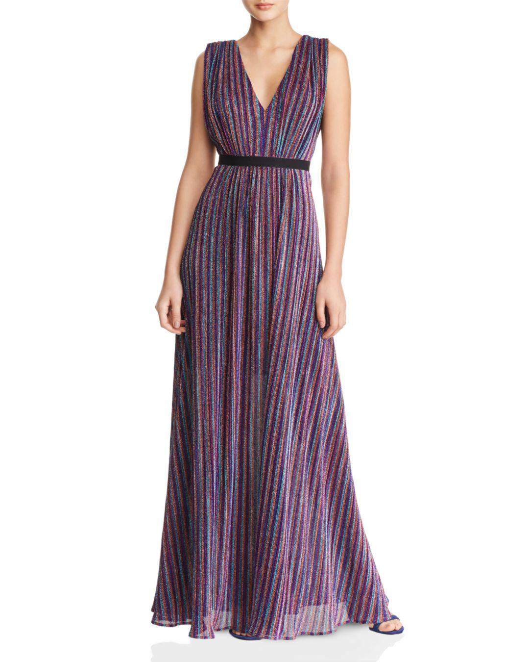 bcbg metallic stripe pleated gown