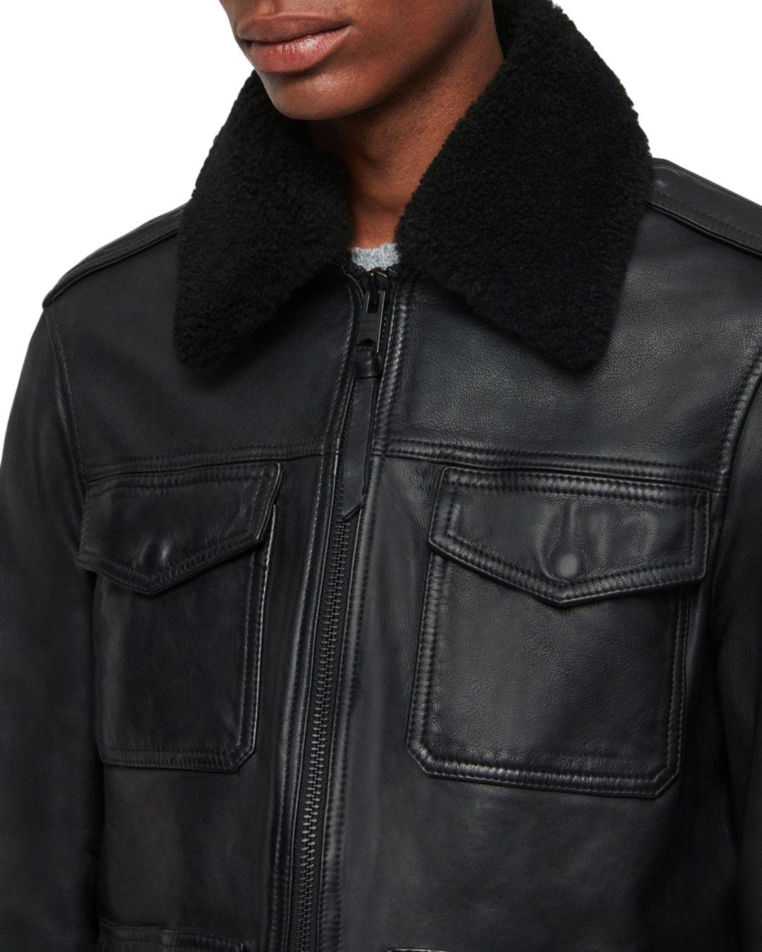 Allsaints Castle Shearling Collar Leather Jacket In Black For Men Lyst