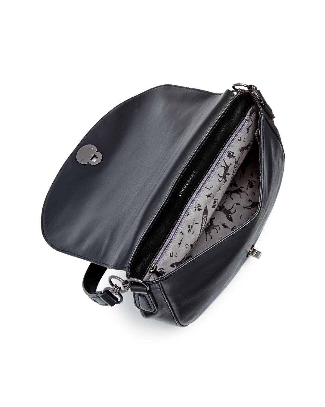 Longchamp Cavalcade Large Leather Shoulder Bag in Black/Nickel (Black